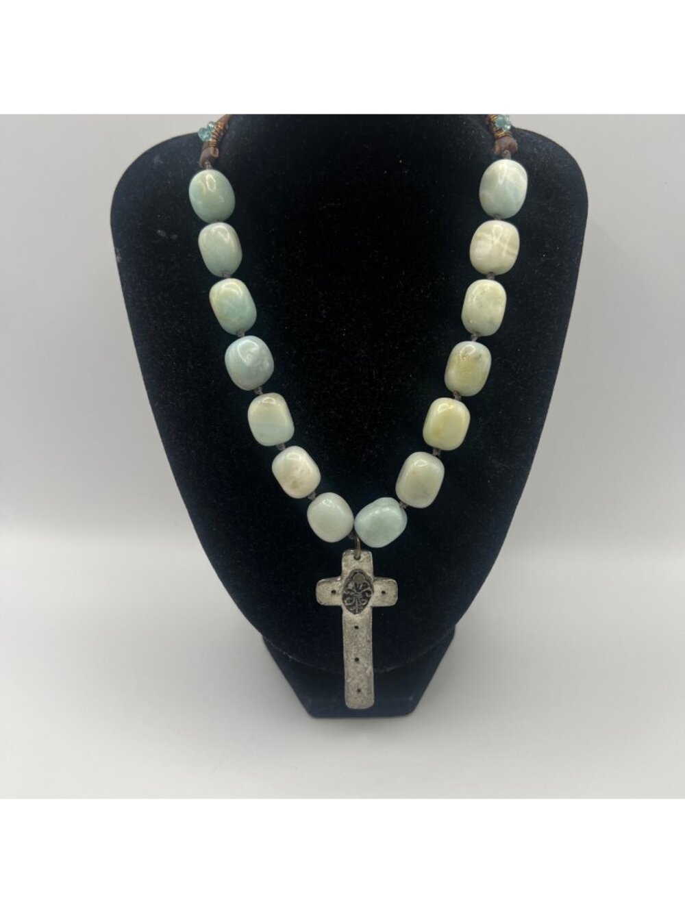 Artisan Amazonite Nugget Necklace Rustic Cross Boho Leather Silver Tone 25"